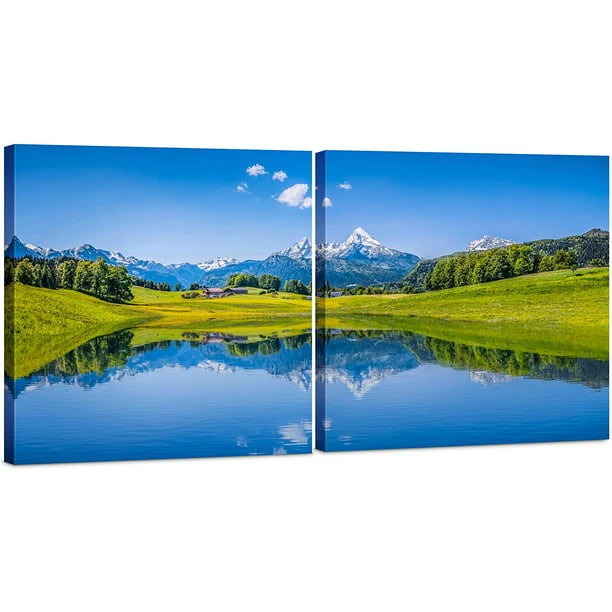 Total 24x48 inch 24x24 2 Piece Set Forest Trees & Lake Canvas Wall Art Decor